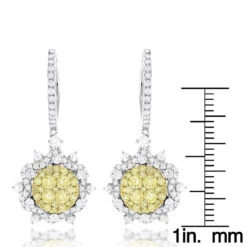 Unique Designer Ladies White Yellow Diamonds Flower Drop Earrings 14K White Gold -Luxurman unique designer ladies white yellow diamonds flower drop earrings 14k gold rulerwh