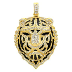 Unique Men's Diamond Tiger Pendant 14K Yellow Gold With Black Enamel 4ct