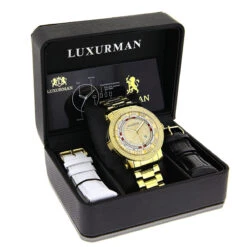 Unique Large Men's Diamond Watch 18k Yellow Gold Plated By Luxurman 0.12ct -Luxurman unique large mens diamond watch 18k yellow gold plated by luxurman 012ct box