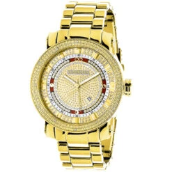 Unique Large Men's Diamond Watch 18k Yellow Gold Plated By Luxurman 0.12ct
