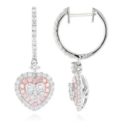 Unique Luxurman Drop Earrings White & Pink Diamond Heart Earrings 14K White Gold