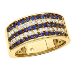 5 Row 10K Yellow Gold Blue Sapphire Diamond Band For Men & Women