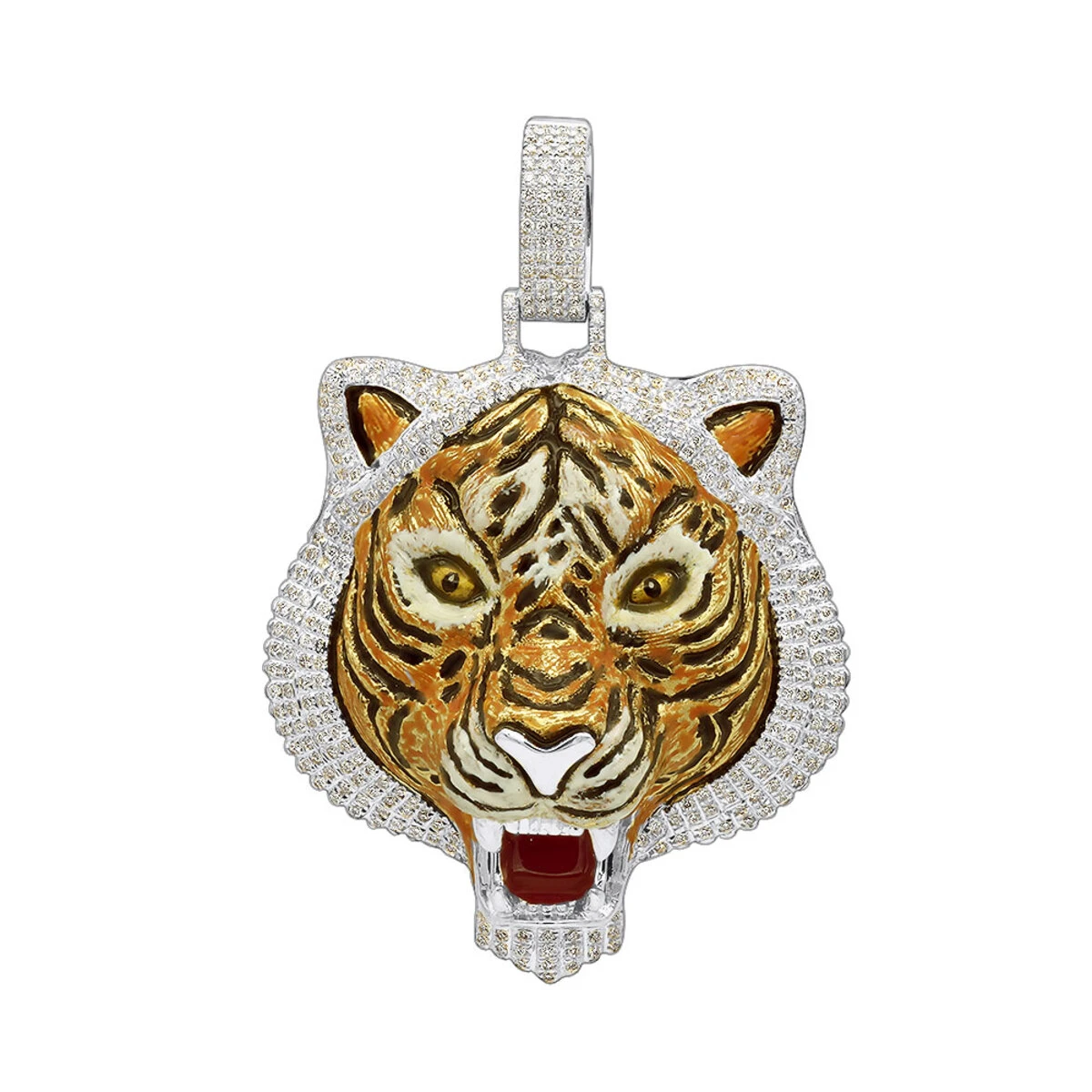 Unique 10K Yellow Gold Men's Custom Enamel & Diamond Tiger Pendant 1.75CT 2 Unique 10K Yellow Gold Men's Custom Enamel & Diamond Tiger Pendant 1.75CT - Image 2