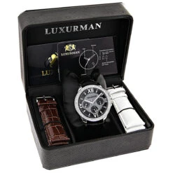 Luxurman Liberty Men's Diamond Watch Black Dial Swiss MVT Leather Band 3ct -Luxurman watches luxurman liberty mens diamond watch black dial swiss mvt leather band 3ct box