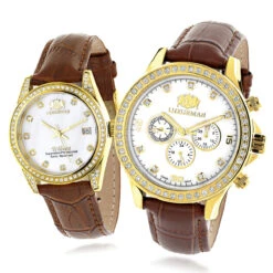 Luxurman Matching His & Hers Yellow Gold Plated Diamond Watch Set With Leather Band