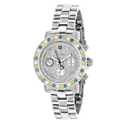 White Blue Yellow Diamond Watch By LUXURMAN 2.75ct Ladies