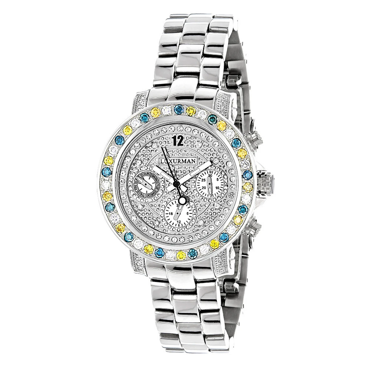 White Blue Yellow Diamond Watch By LUXURMAN 2.75ct Ladies 1 White Blue Yellow Diamond Watch By LUXURMAN 2.75ct Ladies