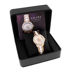 Women's Ceramic Rose Gold Diamond Two Tone White MOP Luxurman Galaxy -Luxurman womens ceramic watches rose gold diamond two tone white mop luxurman galaxybox