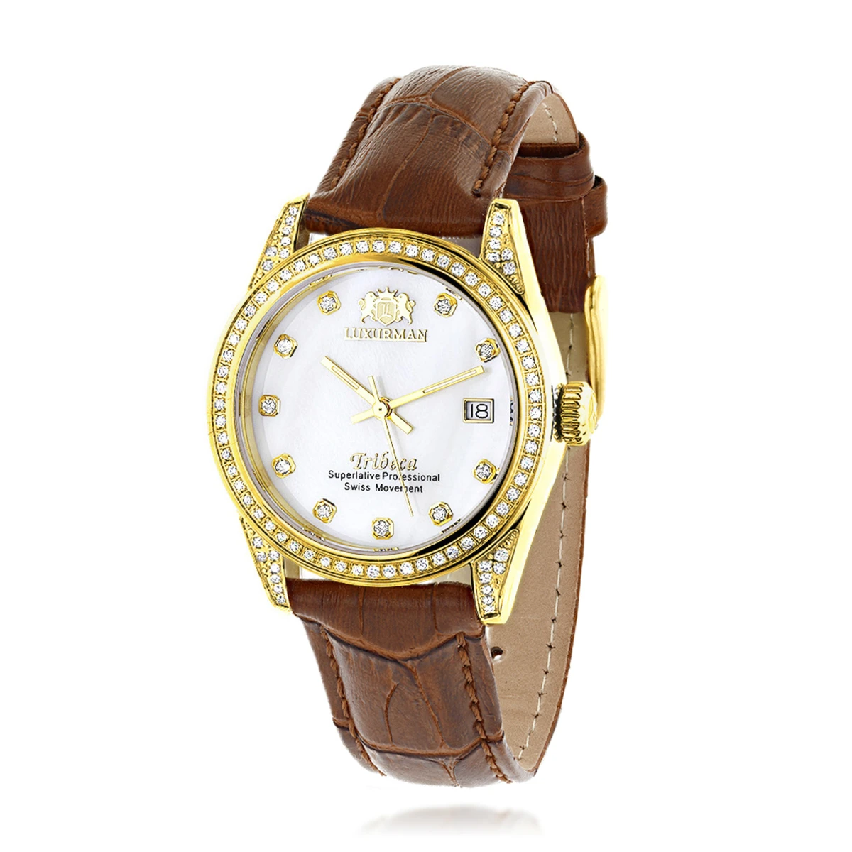 Women's Diamond Watch Yellow Gold Pltd W Leather Band Luxurman Tribeca 1.5ct 1 Women's Diamond Watch Yellow Gold Pltd W Leather Band Luxurman Tribeca 1.5ct