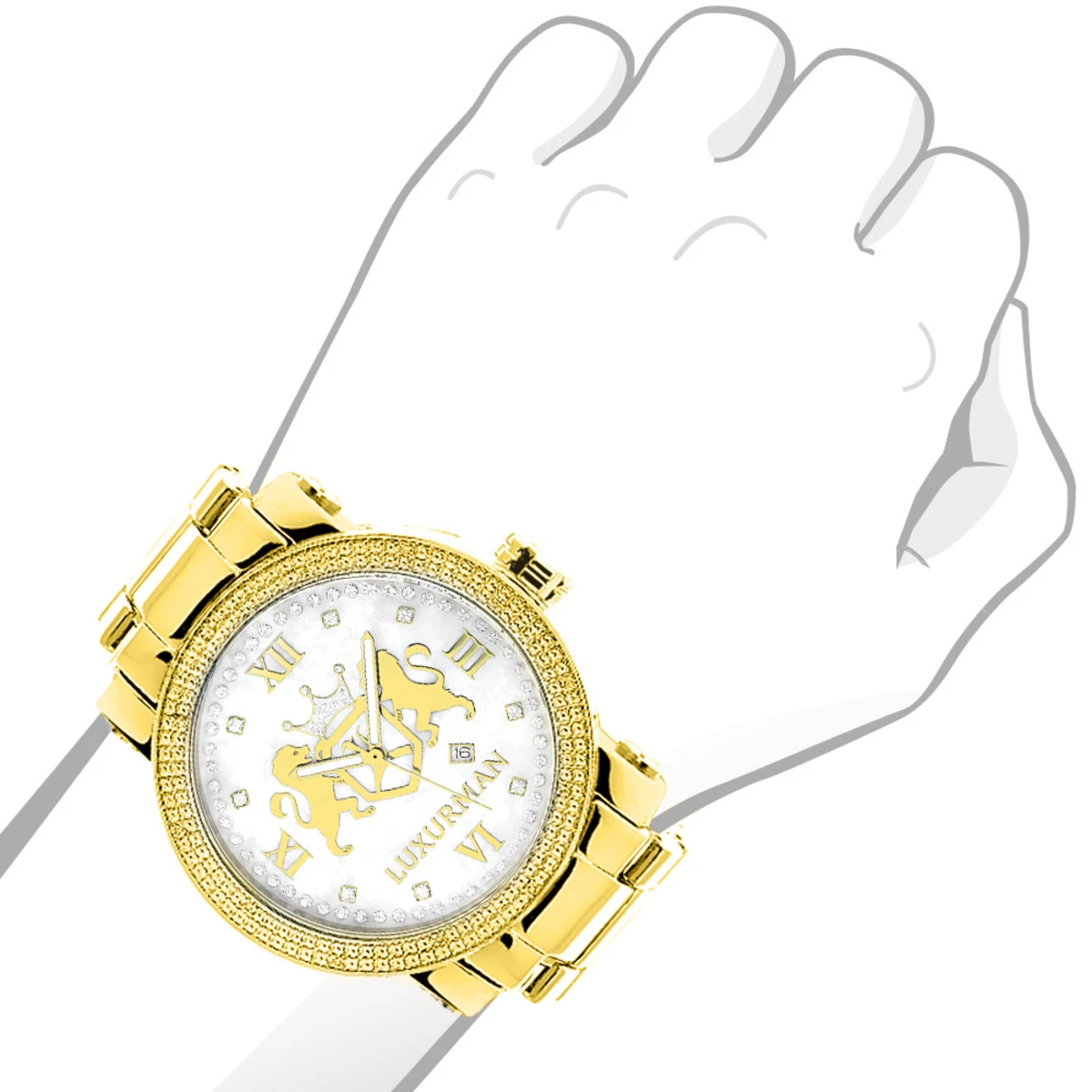 Large 49mm Yellow Gold Plated Diamond Watch For Men By Luxurman Phantom 0.12ct 3 Large 49mm Yellow Gold Plated Diamond Watch For Men By Luxurman Phantom 0.12ct - Image 3