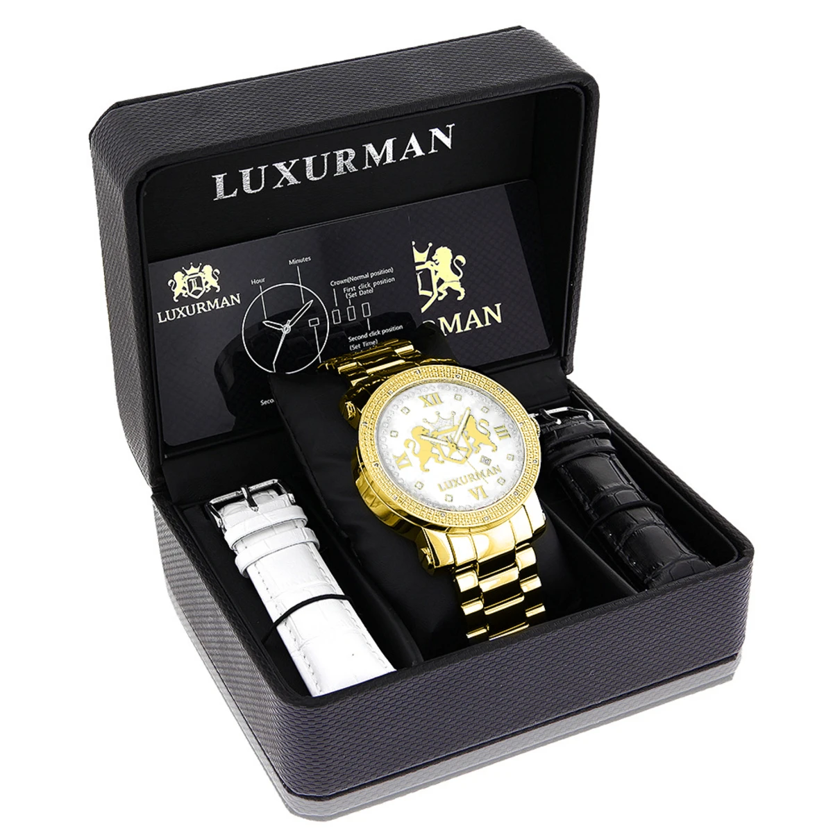 Large 49mm Yellow Gold Plated Diamond Watch For Men By Luxurman Phantom 0.12ct 4 Large 49mm Yellow Gold Plated Diamond Watch For Men By Luxurman Phantom 0.12ct - Image 4