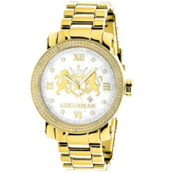 Large 49mm Yellow Gold Plated Diamond Watch For Men By Luxurman Phantom 0.12ct