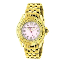 Yellow Gold Plated Ladies Diamond Pink MOP Watch By Luxurman 0.25ct