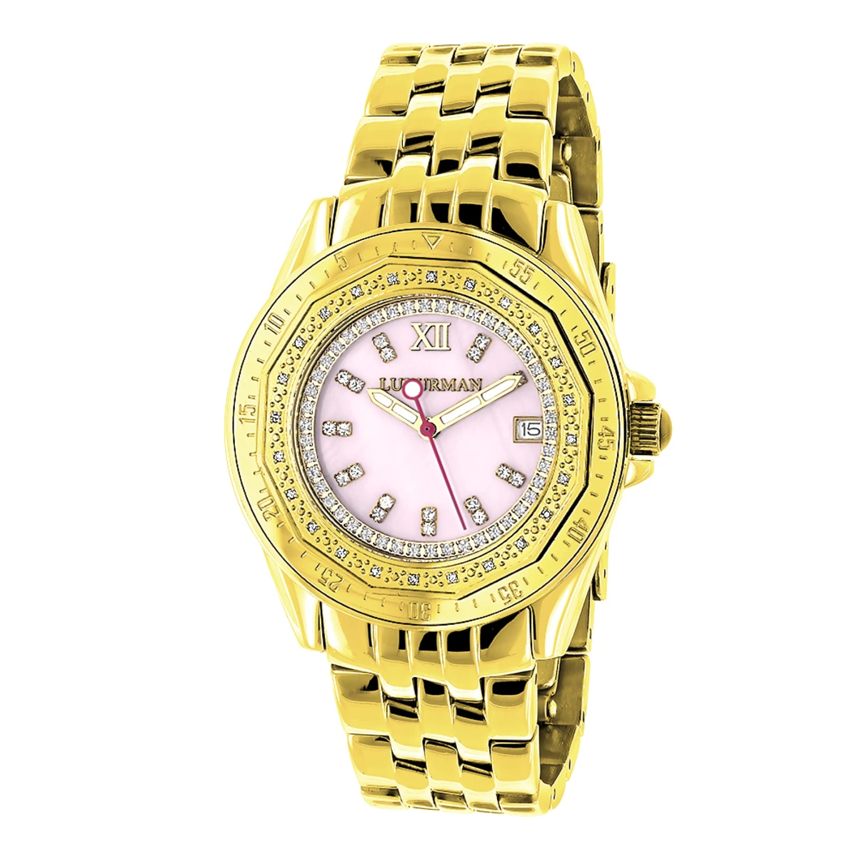 Yellow Gold Plated Ladies Diamond Pink MOP Watch By Luxurman 0.25ct 1 Yellow Gold Plated Ladies Diamond Pink MOP Watch By Luxurman 0.25ct